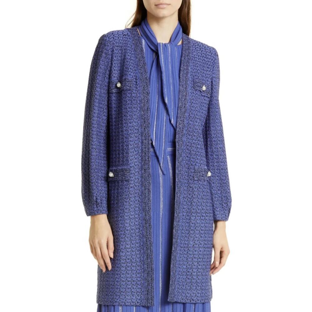 Misook Honeycomb Metallic Tweed Knit Longline Jacket Sapphire Sea Womens Small